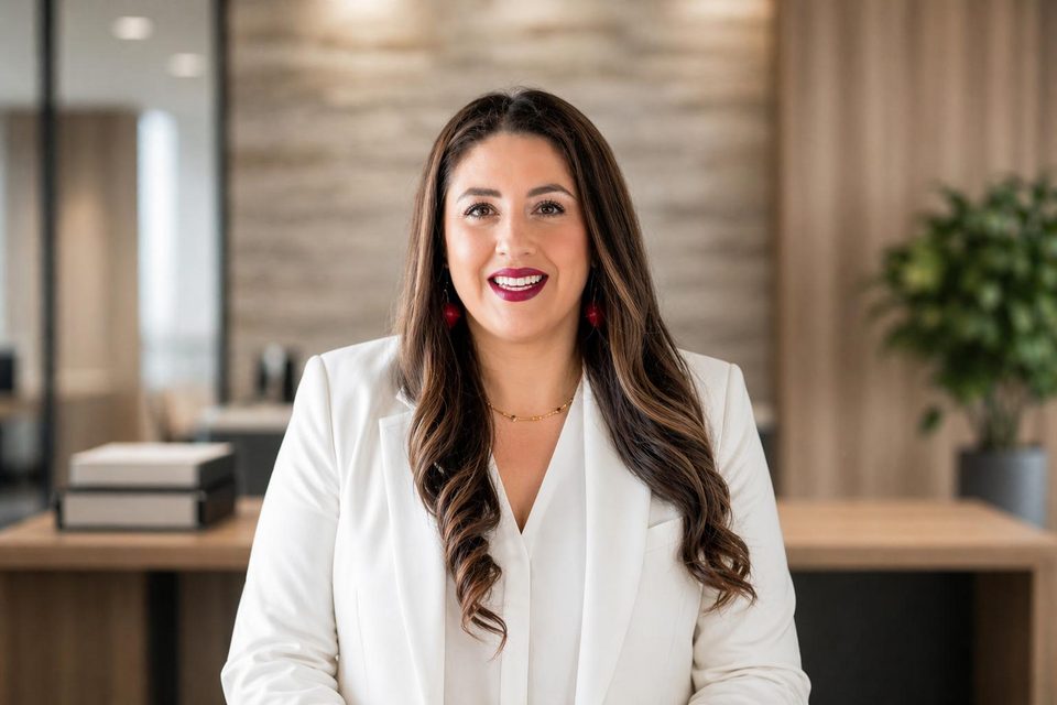 Evelyn Zagal, con blazer blanco, sonriendo en una oficina.